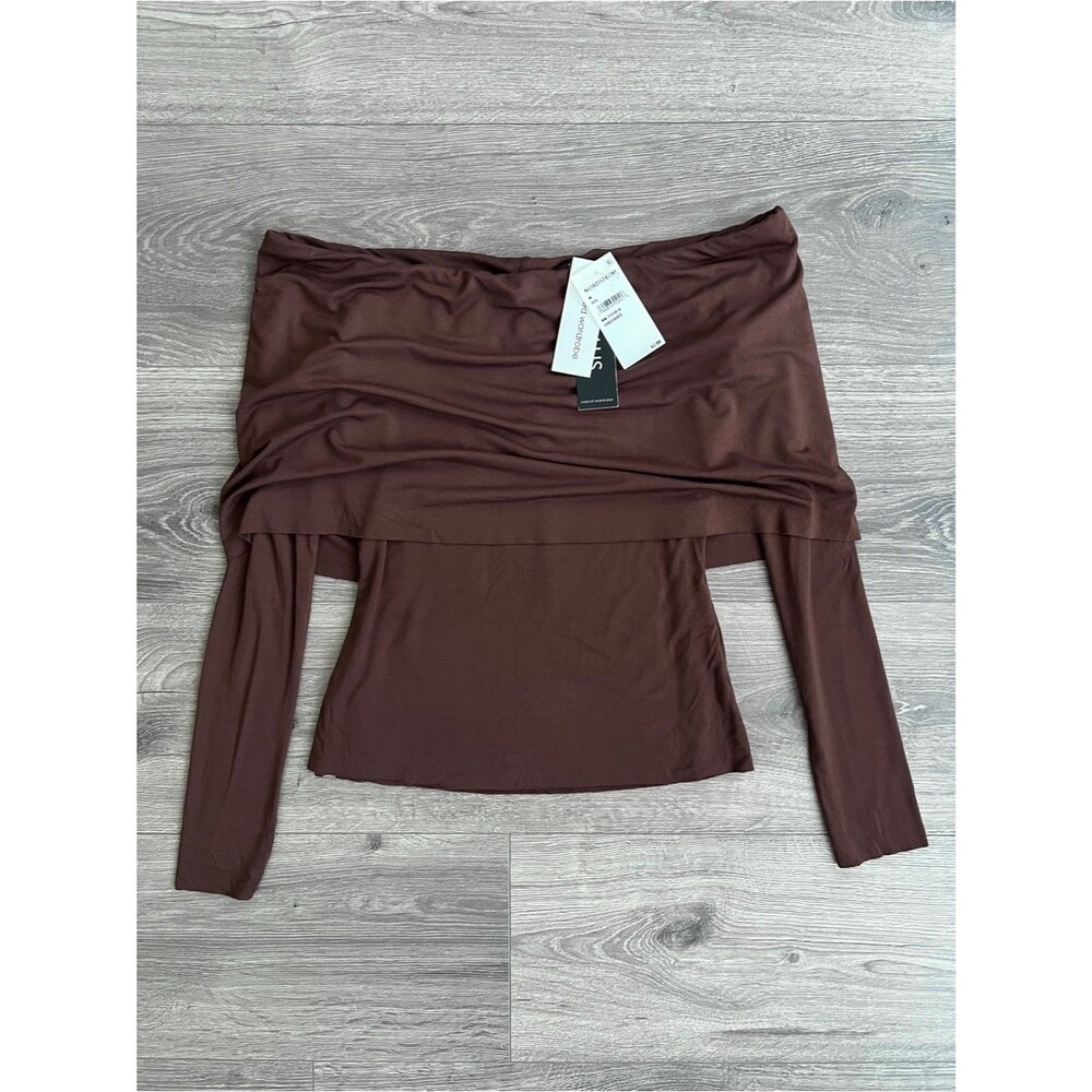 NAKED WARDROBE Off the Shoulder Top Medium Chocolate Brown Soft Stretch Fall NWT